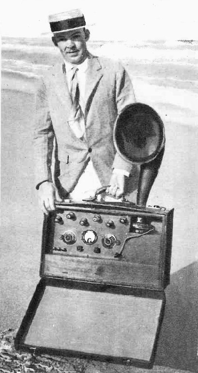 Edwin Armstrong in 1923 holding the first portable superheterodyne receiver