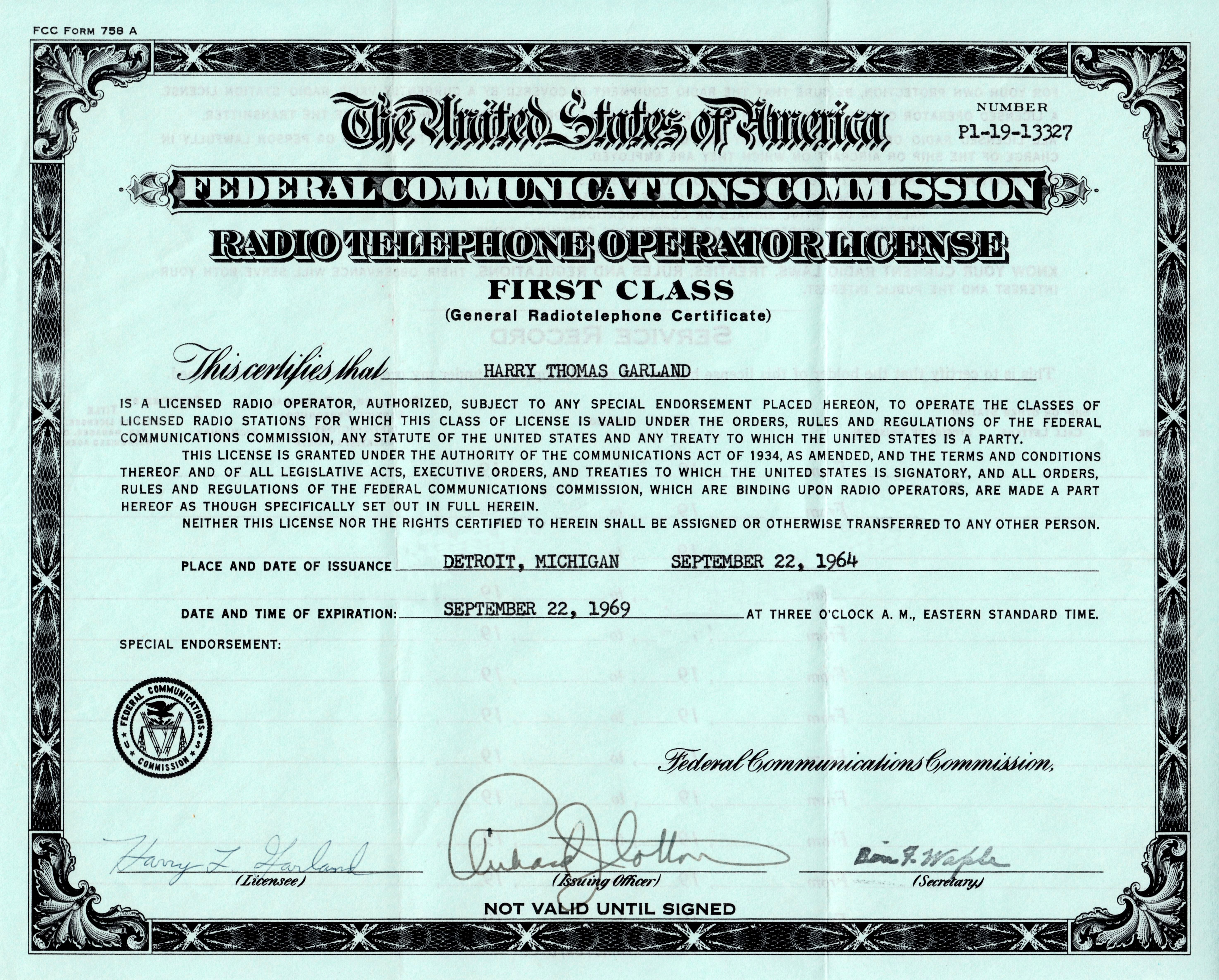 A First Class Radiotelephone Operator License issued by the FCC in 1964 - the 'First Phone' - showing the formal certificate layout with the holder's name, signature, and license terms.